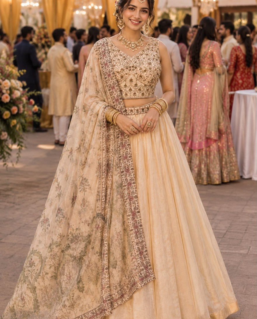 CREAM - Cream Tissue Lehenga Choli with Embroidered and Zari Work